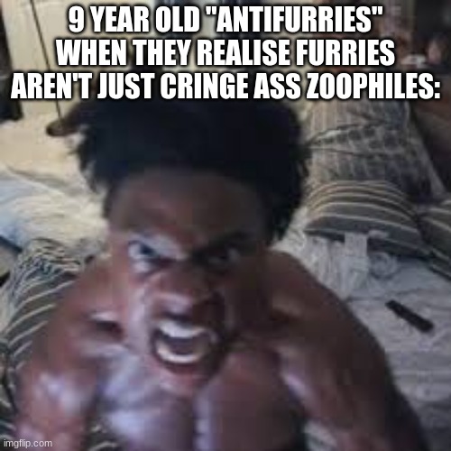 real | 9 YEAR OLD "ANTIFURRIES" WHEN THEY REALIZE FURRIES AREN'T JUST CRINGE ASS ZOOPHILES: | image tagged in ishowspeed rage | made w/ Imgflip meme maker