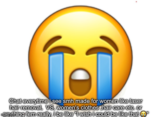 😭; Chat everytime i see smh made for women like laser hair removal,  VS, women's clothes ,hair care etc. or anything fem really, i be like "I wish i could be like that 😭" | made w/ Imgflip meme maker