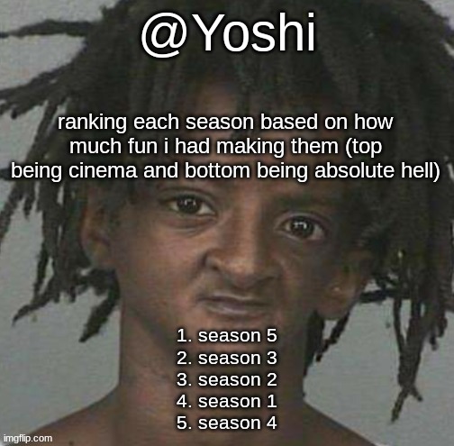yoshi's cursed mugshot temp | ranking each season based on how much fun i had making them (top being cinema and bottom being absolute hell); 1. season 5
2. season 3
3. season 2
4. season 1
5. season 4 | image tagged in yoshi's cursed mugshot temp | made w/ Imgflip meme maker