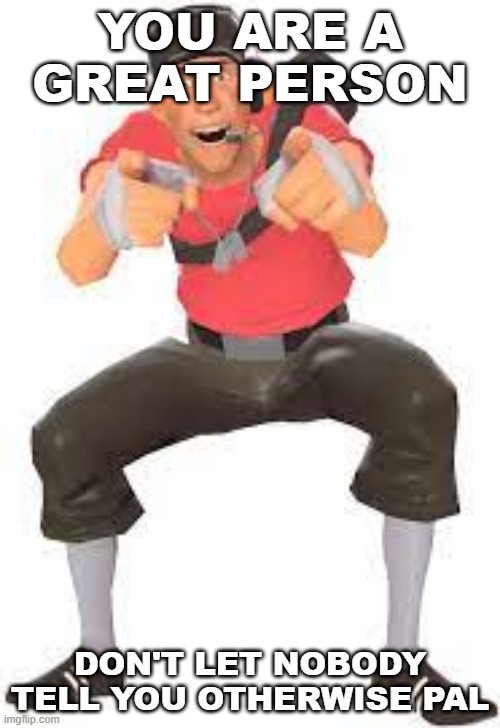 Wholesome Week will never end | YOU ARE A GREAT PERSON; DON'T LET NOBODY TELL YOU OTHERWISE PAL | image tagged in scout pointing and laughing | made w/ Imgflip meme maker