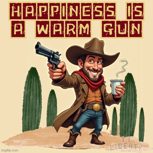 2nd Amendment | image tagged in memes,happiness,cowboy,guns,man drinking coffee | made w/ Imgflip meme maker