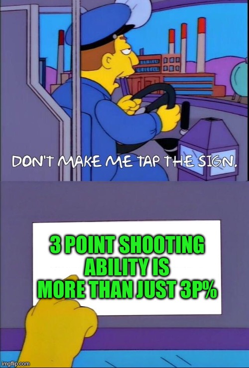 Don't make me tap the sign | 3 POINT SHOOTING ABILITY IS MORE THAN JUST 3P% | image tagged in don't make me tap the sign | made w/ Imgflip meme maker