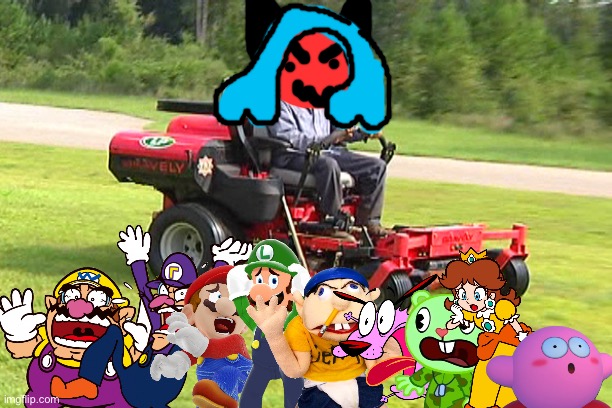 Wario dies by Waluigi and Jeffy accidentally summoning a Demon landscaper while having a party in their backyard | image tagged in landscaper on a riding lawn mower,wario dies,crossover | made w/ Imgflip meme maker