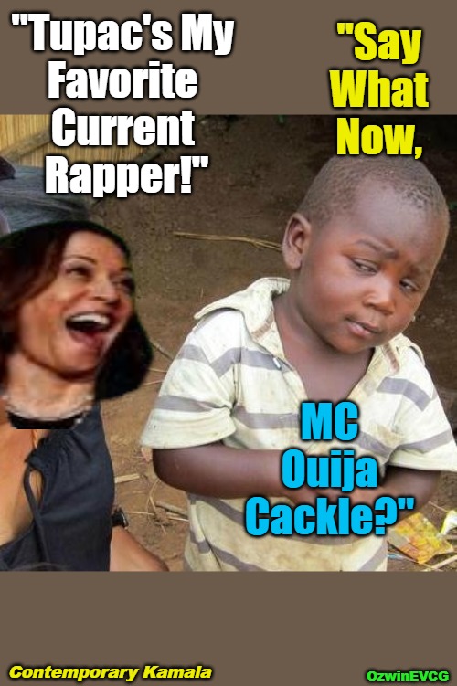 Legendary Harris Remembrance #05 (Kamala on Current HipHop) | "Say 

What 

Now, "Tupac's My 

Favorite 

Current 

Rapper!"; MC 

Ouija 

Cackle?"; Contemporary Kamala; OzwinEVCG | image tagged in third world skeptical kid,tupac shakur,mc ouija cackle,kamala harris,say what again,falling standards | made w/ Imgflip meme maker