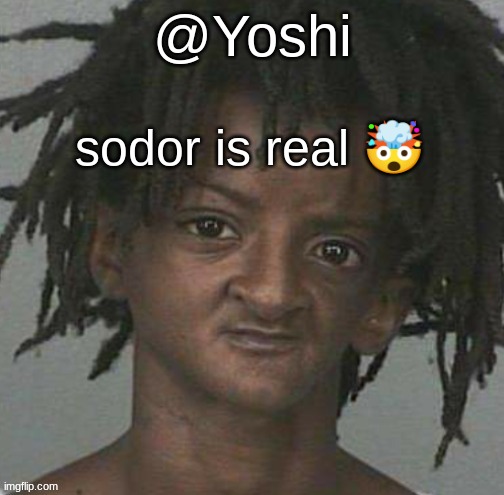 yoshi's cursed mugshot temp | sodor is real 🤯 | image tagged in yoshi's cursed mugshot temp | made w/ Imgflip meme maker
