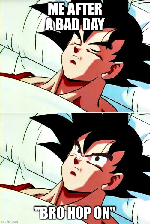 goku sleeping wake up | ME AFTER A BAD DAY; "BRO HOP ON" | image tagged in goku sleeping wake up | made w/ Imgflip meme maker