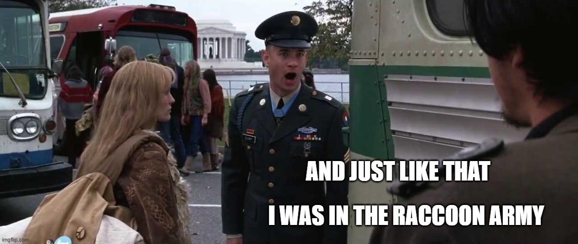 army now | AND JUST LIKE THAT; I WAS IN THE RACCOON ARMY | image tagged in forest gump greenbo alabama | made w/ Imgflip meme maker