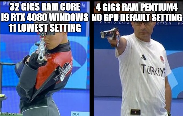 computer games | 4 GIGS RAM PENTIUM4 NO GPU DEFAULT SETTING; 32 GIGS RAM CORE I9 RTX 4080 WINDOWS 11 LOWEST SETTING | image tagged in paris olympics | made w/ Imgflip meme maker