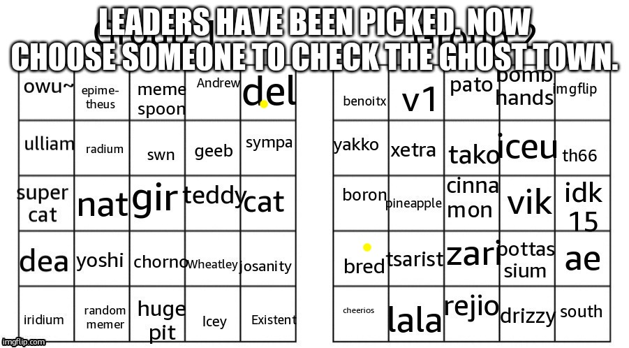 LEADERS HAVE BEEN PICKED. NOW CHOOSE SOMEONE TO CHECK THE GHOST TOWN. | made w/ Imgflip meme maker