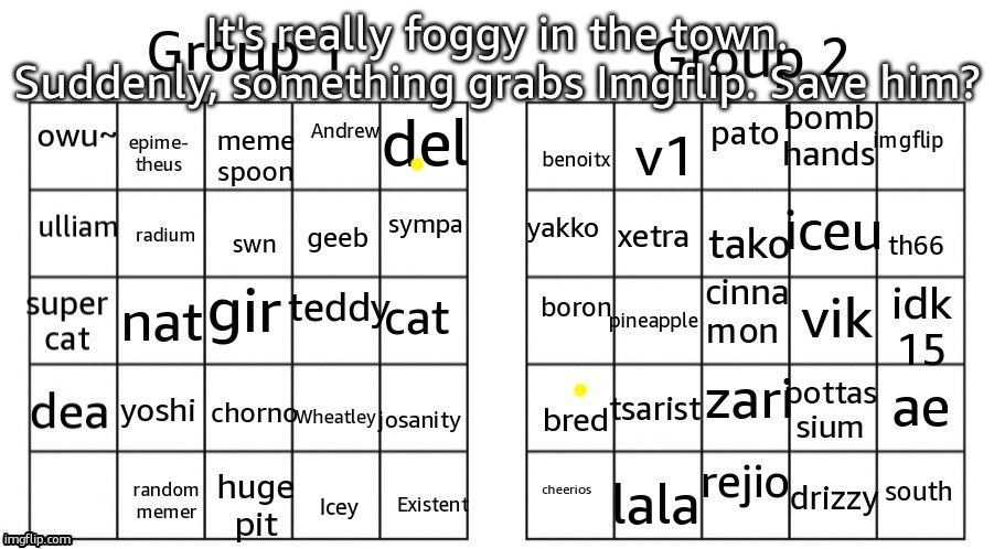 It's really foggy in the town. Suddenly, something grabs Imgflip. Save him? | made w/ Imgflip meme maker
