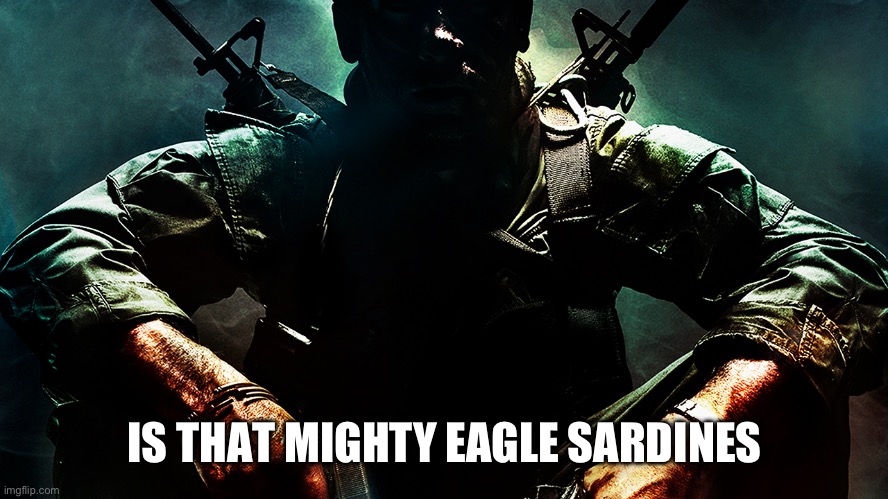 Black ops guy | IS THAT MIGHTY EAGLE SARDINES | image tagged in black ops guy | made w/ Imgflip meme maker