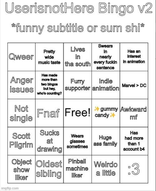 High Quality UserisnotHere Bingo v2 Blank Meme Template