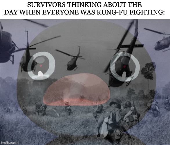 So much bloodshed… | SURVIVORS THINKING ABOUT THE DAY WHEN EVERYONE WAS KUNG-FU FIGHTING: | image tagged in pingu,fighting,kung fu,kung fu panda,oh god why,why | made w/ Imgflip meme maker