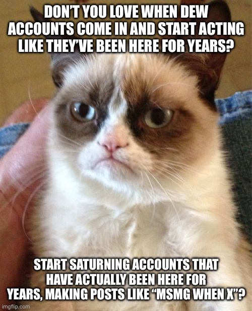 Makes me so happy | DON’T YOU LOVE WHEN DEW ACCOUNTS COME IN AND START ACTING LIKE THEY’VE BEEN HERE FOR YEARS? START SATURNING ACCOUNTS THAT HAVE ACTUALLY BEEN HERE FOR YEARS, MAKING POSTS LIKE “MSMG WHEN X”? | image tagged in memes,grumpy cat | made w/ Imgflip meme maker