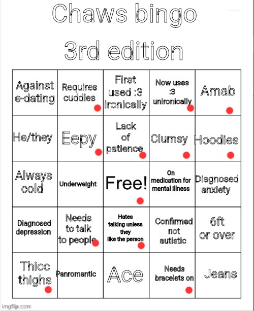 No bingo 3: | image tagged in chaws_the_dino bingo | made w/ Imgflip meme maker