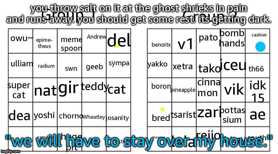 you throw salt on it at the ghost shrieks in pain and runs away. you should get some rest. its getting dark. "we will have to stay over my house." | made w/ Imgflip meme maker