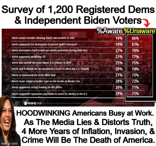 Wake Up Call For The Masses | Survey of 1,200 Registered Dems
& Independent Biden Voters; %Unaware; %Aware; HOODWINKING Americans Busy at Work. As The Media Lies & Distorts Truth,
4 More Years of Inflation, Invasion, &
Crime Will Be The Death of America. | image tagged in kamala harris,fake news,americans,do not know the truth,wake up,survey shows people do not know the facts | made w/ Imgflip meme maker