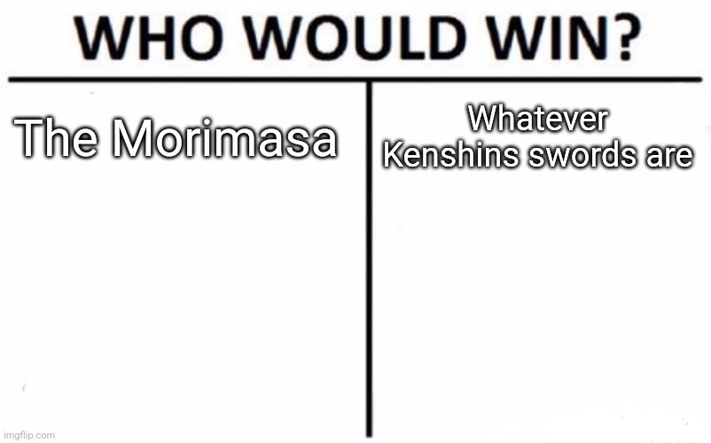 The Morimasa is the Muramasa with the extension of destruction engraved into the hilt, it's from my new story "Lust for Power" | The Morimasa; Whatever Kenshins swords are | image tagged in memes,who would win | made w/ Imgflip meme maker