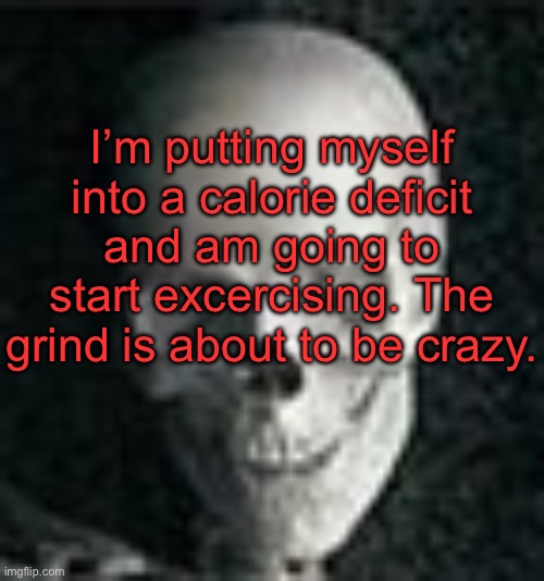 . | I’m putting myself into a calorie deficit and am going to start excercising. The grind is about to be crazy. | image tagged in skull | made w/ Imgflip meme maker