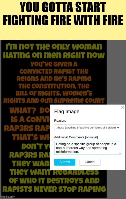 I don't feel safe on the internet with all these men haters, please protect me virtue signallers | YOU GOTTA START FIGHTING FIRE WITH FIRE | made w/ Imgflip meme maker