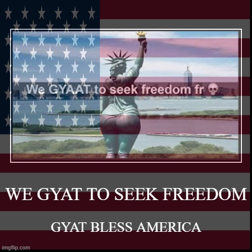 gyat bless america | WE GYAT TO SEEK FREEDOM | GYAT BLESS AMERICA | image tagged in funny,demotivationals,america,gyatt | made w/ Imgflip demotivational maker