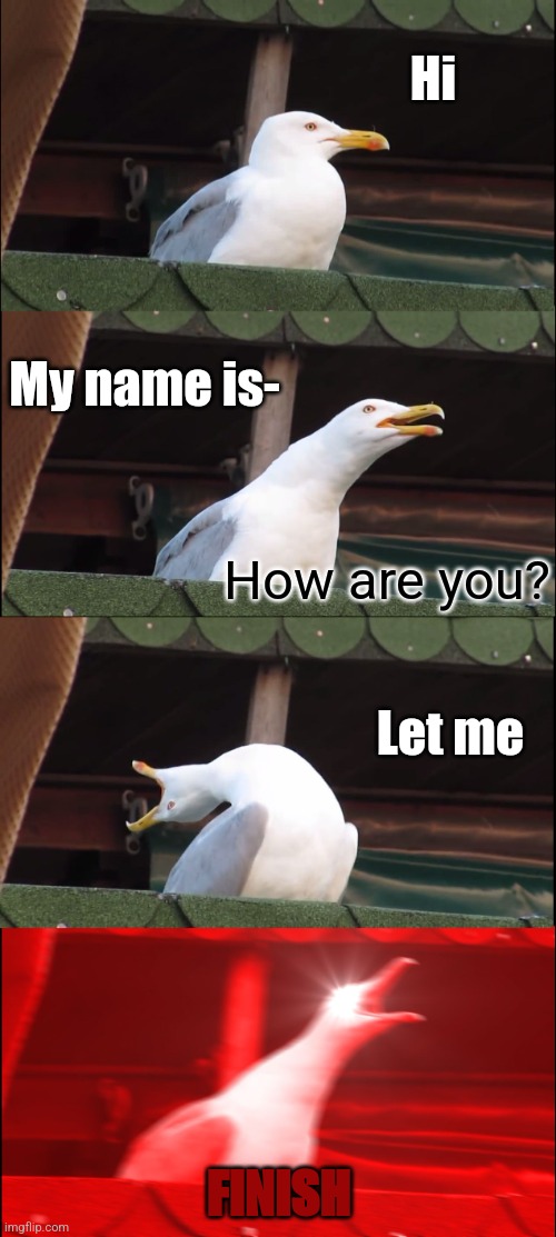 Inhaling Seagull | Hi; My name is-; How are you? Let me; FINISH | image tagged in memes,inhaling seagull,name,angry,you're actually reading the tags,wow | made w/ Imgflip meme maker