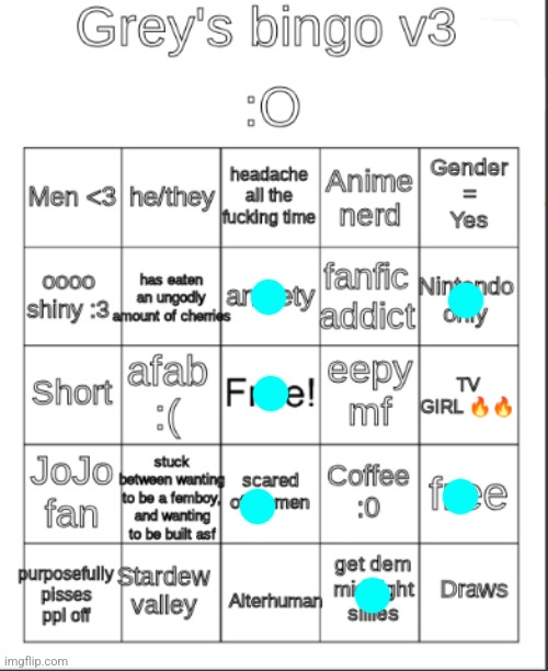 :/ | image tagged in greys bingo 3,fresh memes,bingo | made w/ Imgflip meme maker