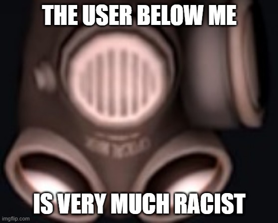 pyro looking up | THE USER BELOW ME; IS VERY MUCH RACIST | image tagged in pyro looking up | made w/ Imgflip meme maker