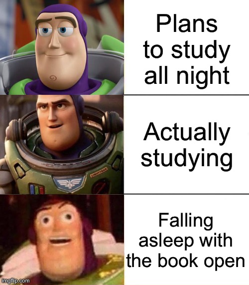 Better, best, blurst lightyear edition | Plans to study all night; Actually studying; Falling asleep with the book open | image tagged in better best blurst lightyear edition,ai meme | made w/ Imgflip meme maker