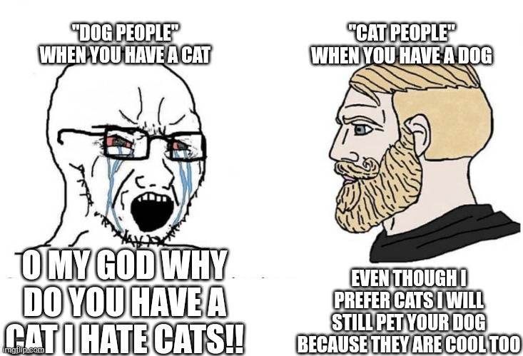 "cat people" vs "dog people" | "DOG PEOPLE" WHEN YOU HAVE A CAT; "CAT PEOPLE" WHEN YOU HAVE A DOG; EVEN THOUGH I PREFER CATS I WILL STILL PET YOUR DOG BECAUSE THEY ARE COOL TOO; O MY GOD WHY DO YOU HAVE A CAT I HATE CATS!! | image tagged in soyboy vs yes chad | made w/ Imgflip meme maker