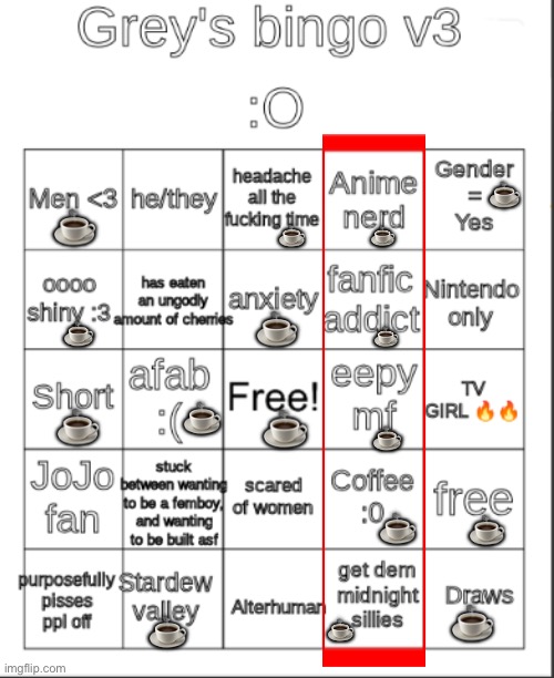 Grey’s bingo v3 | ☕; ☕; ☕; ☕; ☕; ☕; ☕; ☕; ☕; ☕; ☕; ☕; ☕; ☕; ☕; ☕ | image tagged in greys bingo 3,lgbtq,anime,fanfiction,coffee,drawing | made w/ Imgflip meme maker