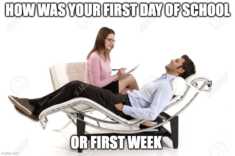 comment how you first day/week of school was | HOW WAS YOUR FIRST DAY OF SCHOOL; OR FIRST WEEK | image tagged in therapist,funny,memes,school,relatable,back to school | made w/ Imgflip meme maker