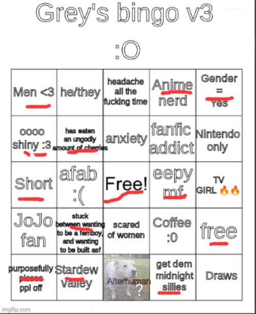 My transmasc bro is OBSESSED with JoJo. All I remember is “green day” | image tagged in greys bingo 3 | made w/ Imgflip meme maker