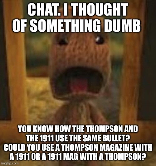 . | CHAT. I THOUGHT OF SOMETHING DUMB; YOU KNOW HOW THE THOMPSON AND THE 1911 USE THE SAME BULLET? COULD YOU USE A THOMPSON MAGAZINE WITH A 1911 OR A 1911 MAG WITH A THOMPSON? | image tagged in crusty musty rusty dusty ass image of sackboy crying | made w/ Imgflip meme maker