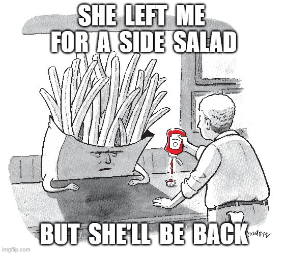 Another One, My Friend | SHE  LEFT  ME  FOR  A  SIDE  SALAD; BUT  SHE'LL  BE  BACK | image tagged in dieting | made w/ Imgflip meme maker