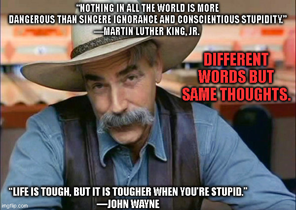 Sam Elliott comparing ideas abut stupidity | “NOTHING IN ALL THE WORLD IS MORE DANGEROUS THAN SINCERE IGNORANCE AND CONSCIENTIOUS STUPIDITY.”
—MARTIN LUTHER KING, JR. DIFFERENT WORDS BUT SAME THOUGHTS. “LIFE IS TOUGH, BUT IT IS TOUGHER WHEN YOU’RE STUPID.”
—JOHN WAYNE | image tagged in sam elliott special kind of stupid,mlk,martin luther king jr,john wayne,stupidity,ignorance | made w/ Imgflip meme maker