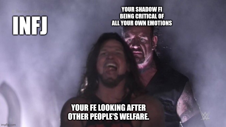 The dichotemy of INFJ | YOUR SHADOW FI BEING CRITICAL OF ALL YOUR OWN EMOTIONS; INFJ; YOUR FE LOOKING AFTER OTHER PEOPLE'S WELFARE. | image tagged in aj styles undertaker,infj,mbti,myers briggs,personality,emotions | made w/ Imgflip meme maker