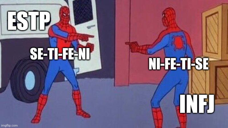 Different priorities but same tools | ESTP; SE-TI-FE-NI; NI-FE-TI-SE; INFJ | image tagged in spiderman pointing at spiderman,infj,estp,mbti,myers briggs,personality | made w/ Imgflip meme maker