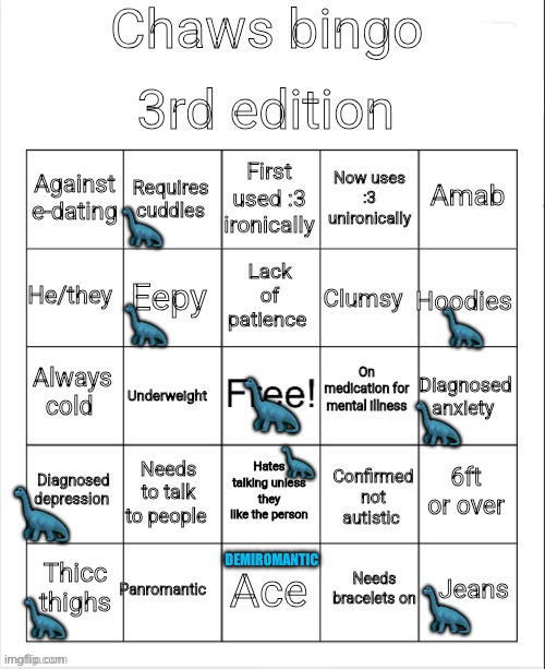 Chaws bingo 3rd edition (no bingo) | 🦕; 🦕; 🦕; 🦕; 🦕; 🦕; 🦕; DEMIROMANTIC; 🦕; 🦕 | image tagged in chaws_the_dino bingo,bingo,lgbtq,depression,anxiety | made w/ Imgflip meme maker