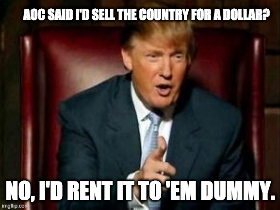 Trump on AOC | AOC SAID I'D SELL THE COUNTRY FOR A DOLLAR? NO, I'D RENT IT TO 'EM DUMMY. | image tagged in donald trump,aoc,rent | made w/ Imgflip meme maker