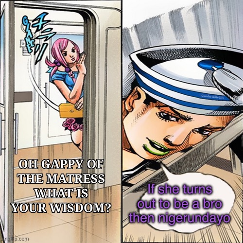 This is now one of my favorite meme templates | If she turns out to be a bro then nigerundayo | image tagged in gappy of the matress,jojo's bizarre adventure | made w/ Imgflip meme maker