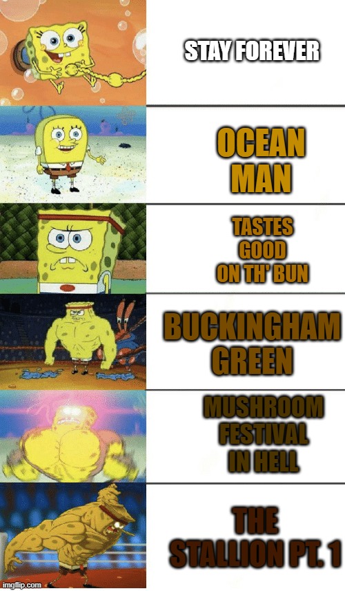 Ween songs brownness scale | STAY FOREVER; OCEAN MAN; TASTES GOOD ON TH' BUN; BUCKINGHAM GREEN; MUSHROOM FESTIVAL IN HELL; THE STALLION PT. 1 | image tagged in 6 panel buff spongebob,ween,boognish | made w/ Imgflip meme maker