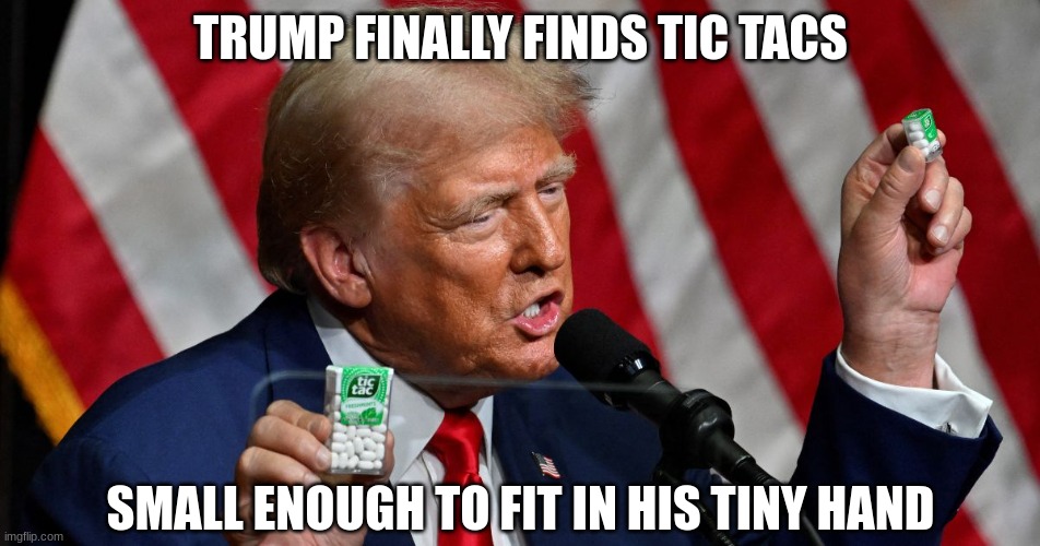 The Fresh Deal Maker | TRUMP FINALLY FINDS TIC TACS; SMALL ENOUGH TO FIT IN HIS TINY HAND | image tagged in trump tic tac | made w/ Imgflip meme maker