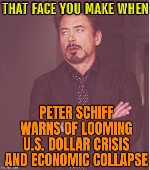 That Face You Make When; Peter Schiff Warns Of Looming U.S. Dollar Crisis And Economic Collapse | THAT FACE YOU MAKE WHEN; PETER SCHIFF WARNS OF LOOMING U.S. DOLLAR CRISIS AND ECONOMIC COLLAPSE | image tagged in memes,face you make robert downey jr,collapse,economy,scumbag america,capitalism | made w/ Imgflip meme maker