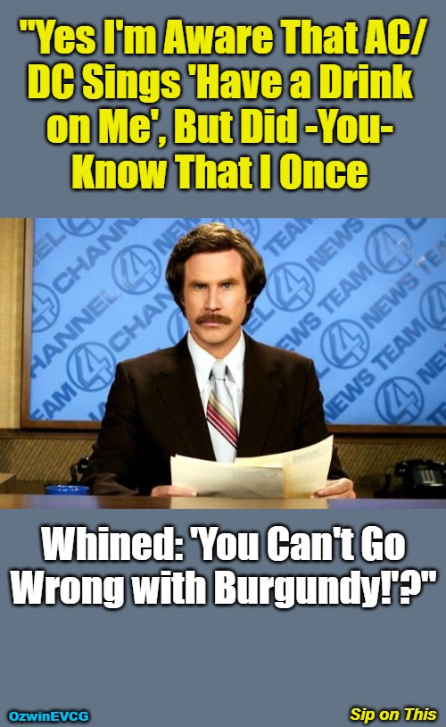 Sip on This #PunningAmok | "Yes I'm Aware That AC/

DC Sings 'Have a Drink 

on Me', But Did -You- 

Know That I Once; Whined: 'You Can't Go

Wrong with Burgundy!'?"; Sip on This; OzwinEVCG | image tagged in breaking news,fine puns,ron burgundy,finer wines,ac/dc,the more you know | made w/ Imgflip meme maker