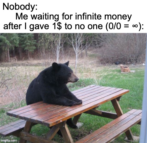 Math is interesting, no matter where you are. (There was a typo: 1/0*) | Nobody:; Me waiting for infinite money after I gave 1$ to no one (0/0 = ∞): | image tagged in patient bear,memes,funny,math,owu,lmao | made w/ Imgflip meme maker