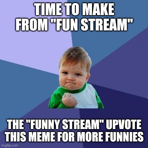 Why not | TIME TO MAKE FROM "FUN STREAM"; THE "FUNNY STREAM" UPVOTE THIS MEME FOR MORE FUNNIES | image tagged in memes,success kid | made w/ Imgflip meme maker