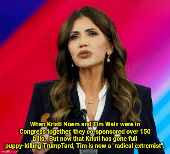 Gone Full TrumpTàrd | When Kristi Noem and Tim Walz were in Congress together, they co-sponsored over 150 bills.  But now that Kristi has gone full puppy-killing TrumpTard, Tim is now a "radical extremist". | image tagged in kristi noem | made w/ Imgflip meme maker