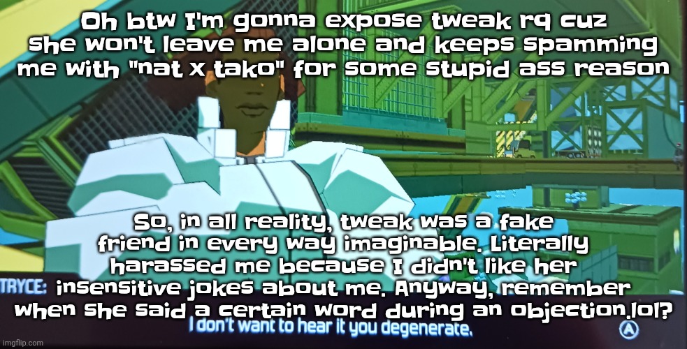 Seriously dude | Oh btw I'm gonna expose tweak rq cuz she won't leave me alone and keeps spamming me with "nat x tako" for some stupid ass reason; So, in all reality, tweak was a fake friend in every way imaginable. Literally harassed me because I didn't like her insensitive jokes about me. Anyway, remember when she said a certain word during an objection.lol? | image tagged in i don't want to hear it you degenerate | made w/ Imgflip meme maker