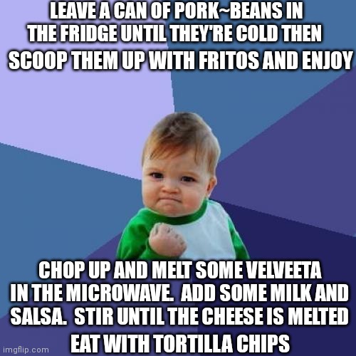 Nibbles | LEAVE A CAN OF PORK~BEANS IN THE FRIDGE UNTIL THEY'RE COLD THEN; SCOOP THEM UP WITH FRITOS AND ENJOY; CHOP UP AND MELT SOME VELVEETA IN THE MICROWAVE.  ADD SOME MILK AND SALSA.  STIR UNTIL THE CHEESE IS MELTED; EAT WITH TORTILLA CHIPS | image tagged in memes,success kid,nibbles,snacks,yum,if you know you know | made w/ Imgflip meme maker